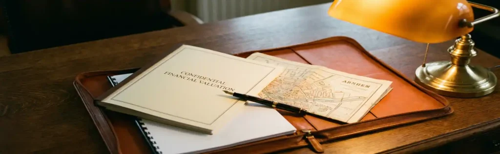Open leren portfolio op eikenhouten bureau met financieel taxatierapport, vintage stadskaart van Arnhem en vulpen, verlicht door amberkleurige bureaulamp.