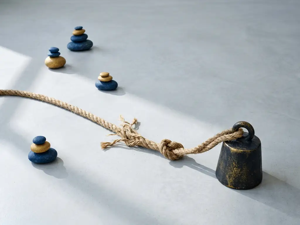 Versleten touw bevestigd aan zwaar anker op gepolijst beton, omringd door kleine balancerende stenen in marineblauw en goud.