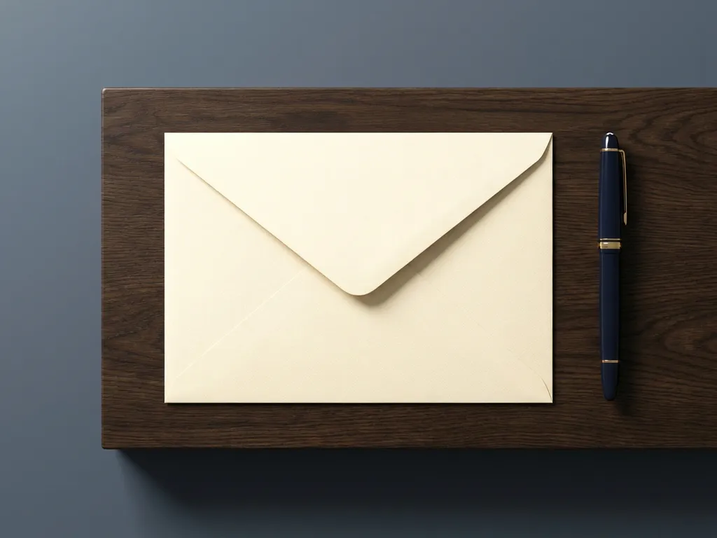 Verzegelde bruine envelop op gepolijst donker eiken bureau met een elegante vulpen ernaast, bovenaanzicht.