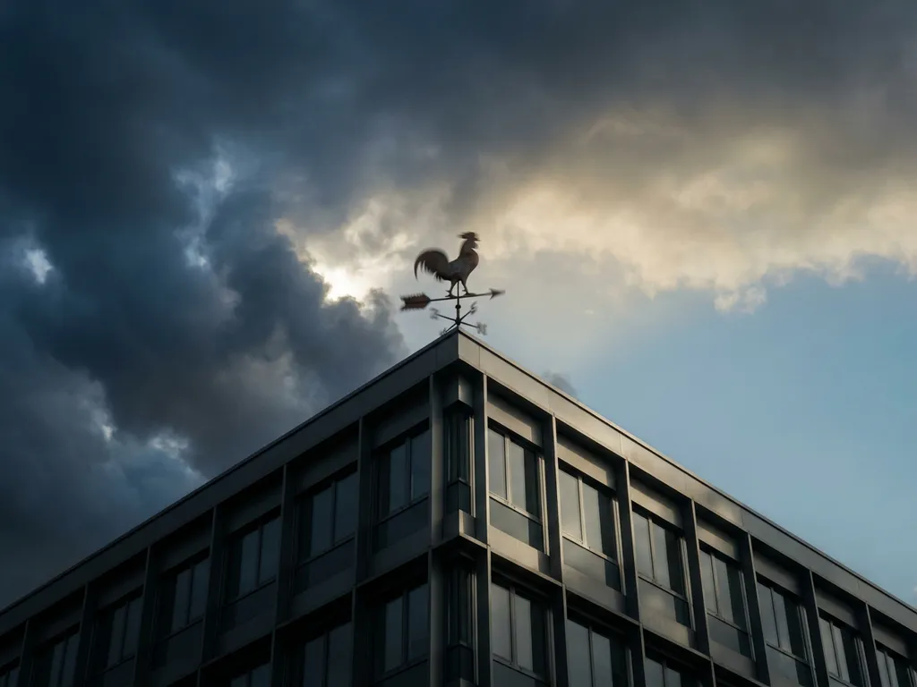 Stormgeteisterde windwijzer boven modern kantoorgebouw, met dreigende wolken aan één kant en heldere blauwe lucht aan de andere.