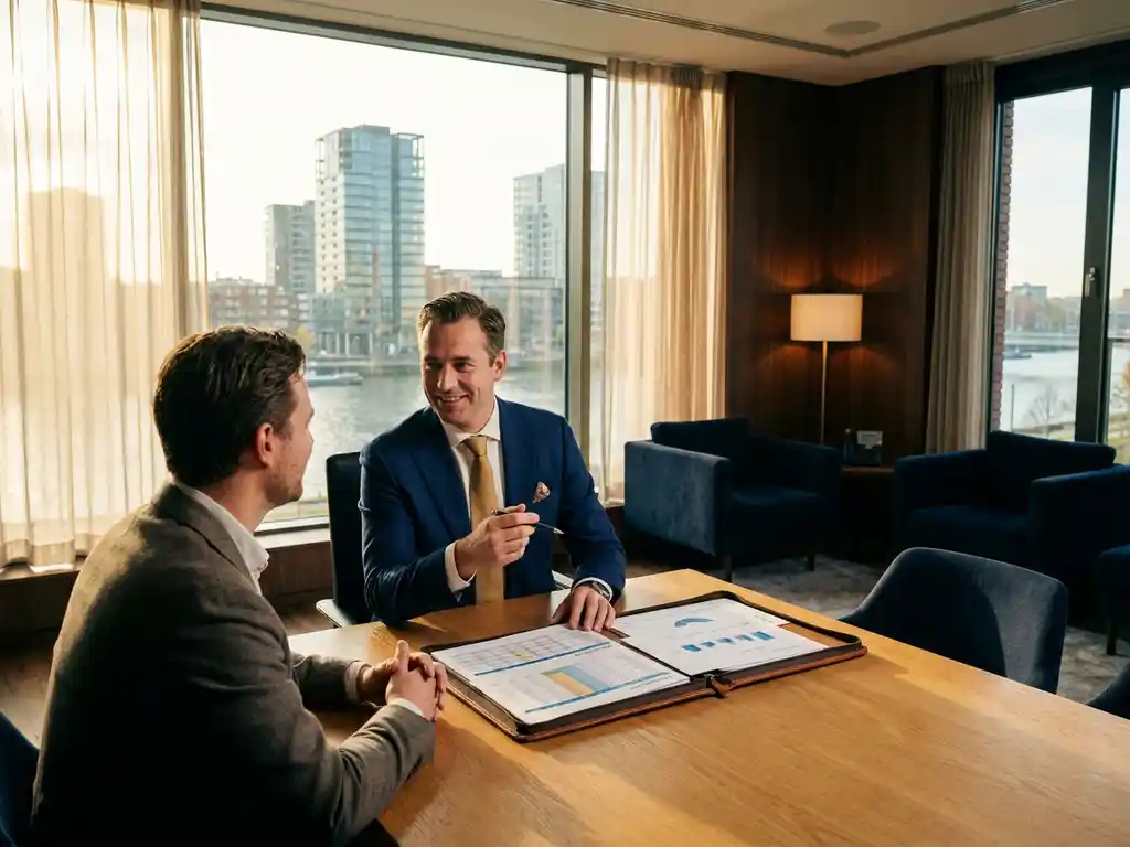 Zakelijk adviseur en ondernemer in overleg aan eikenhouten bureau met financiële documenten, modern Arnhems stadsgezicht op achtergrond.
