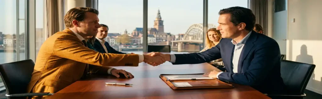 Twee zakelijke executives schudden handen boven een mahonie vergadertafel met getekend document, skyline van Nijmegen op achtergrond.