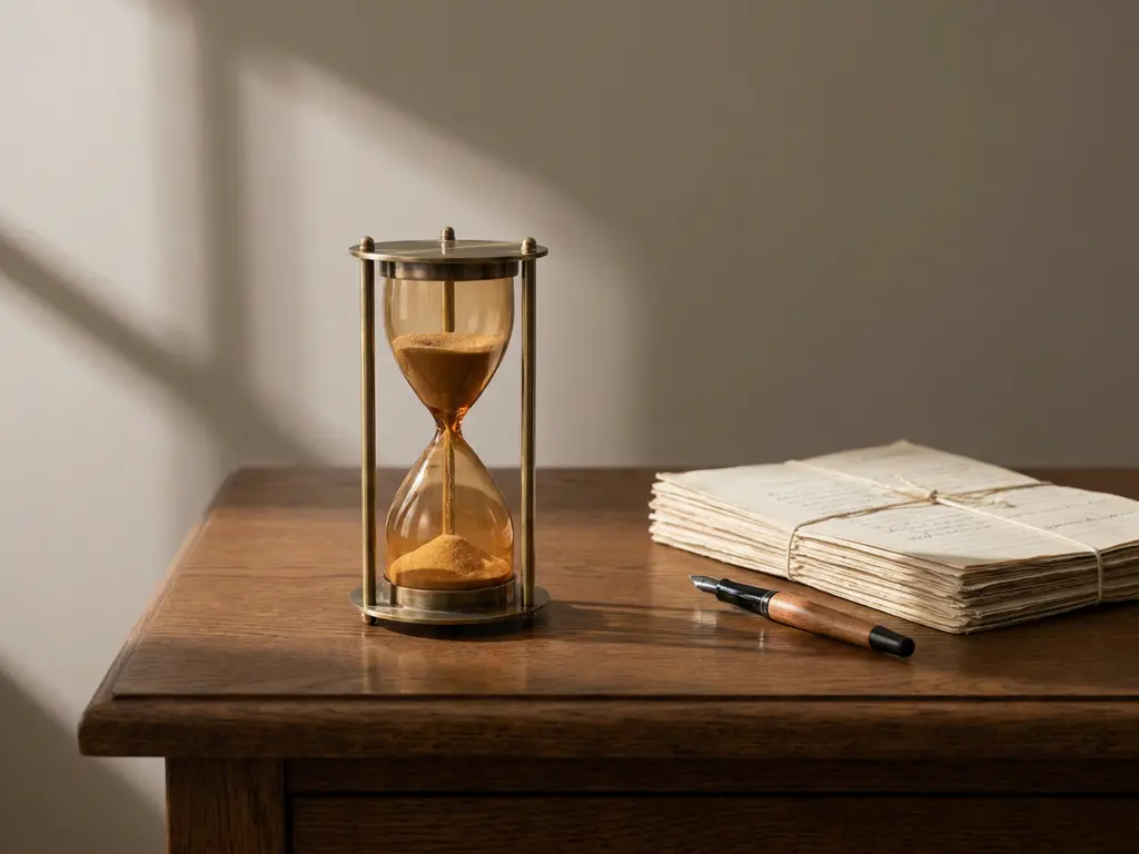 Vintage zandloper op donker eiken bureau naast financiële documenten en vulpen, warm amberkleurig licht van links.